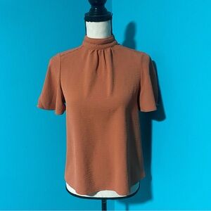 Joie XS Orange Mock Neck Short Ruffle Sleeve Keyhole Back Blouse Top